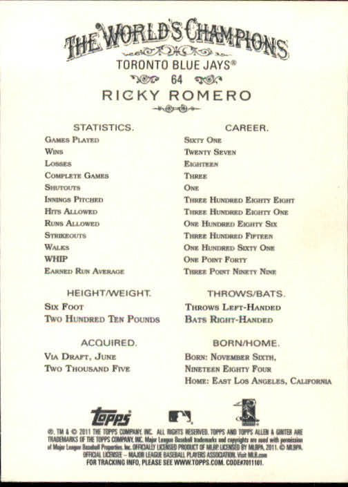 2011 Topps Allen and Ginter #64 Ricky Romero back image