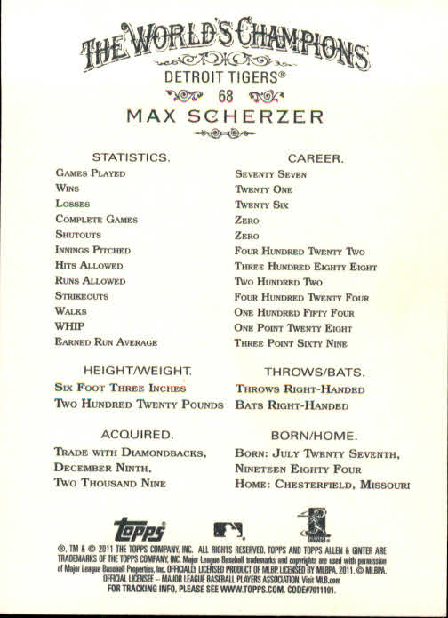 2011 Topps Allen and Ginter #68 Max Scherzer back image