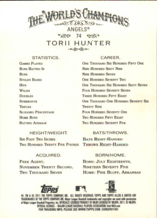2011 Topps Allen and Ginter #74 Torii Hunter back image
