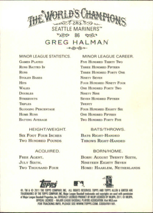 2011 Topps Allen and Ginter #86 Greg Halman RC back image