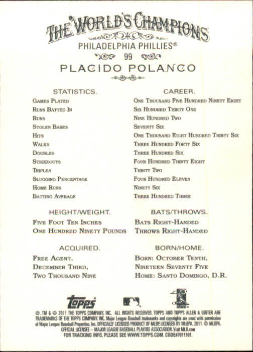 2011 Topps Allen and Ginter #99 Placido Polanco back image