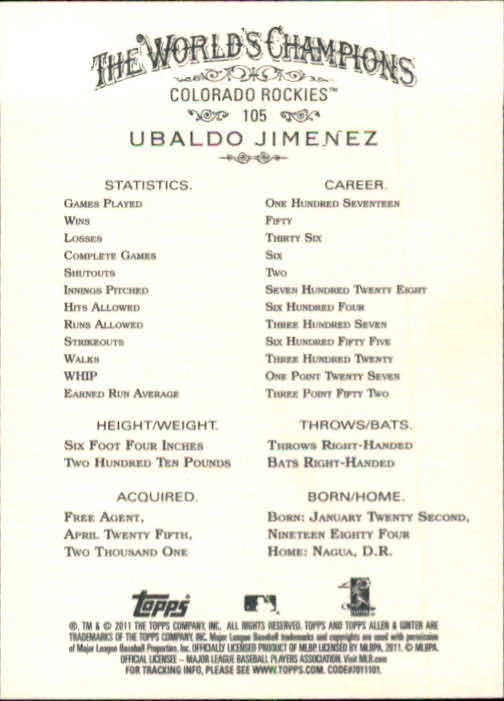 2011 Topps Allen and Ginter #105 Ubaldo Jimenez back image
