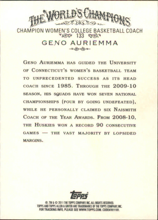 2011 Topps Allen and Ginter #133 Geno Auriemma back image