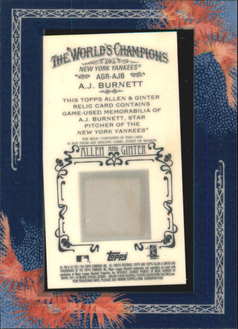 2011 Topps Allen and Ginter Relics #AJB A.J. Burnett back image
