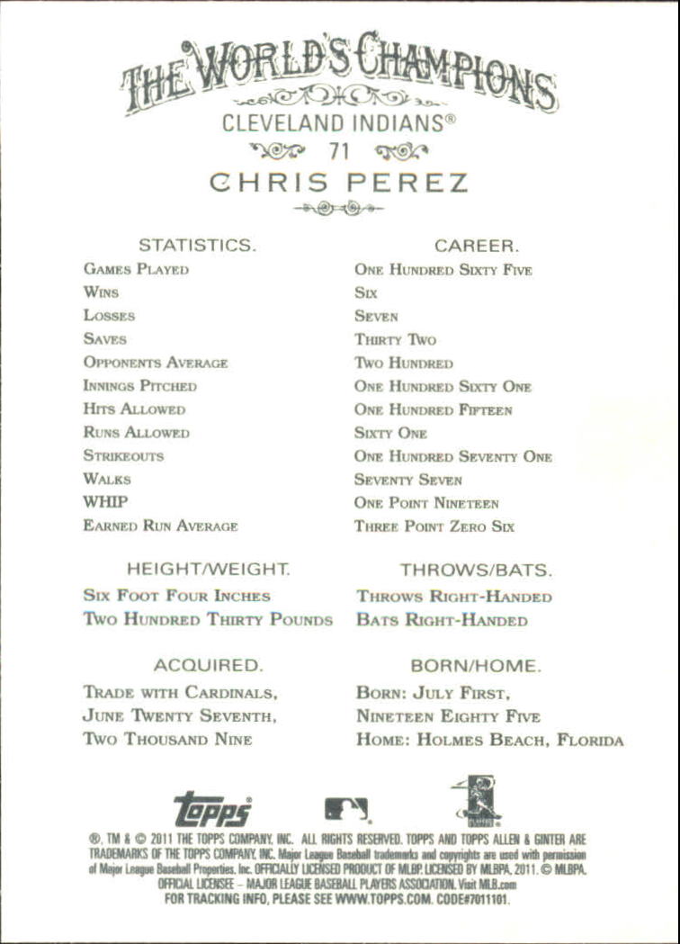 2011 Topps Allen and Ginter Code Cards #71 Chris Perez back image