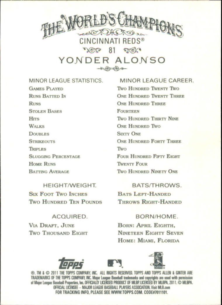 2011 Topps Allen and Ginter Code Cards #81 Yonder Alonso back image