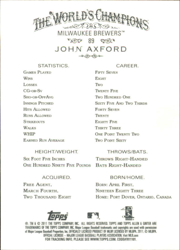2011 Topps Allen and Ginter Code Cards #89 John Axford back image