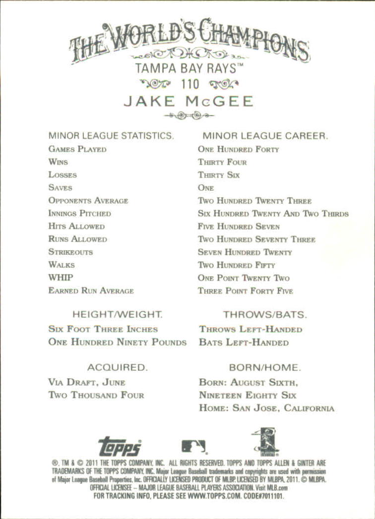 2011 Topps Allen and Ginter Code Cards #110 Jake McGee back image