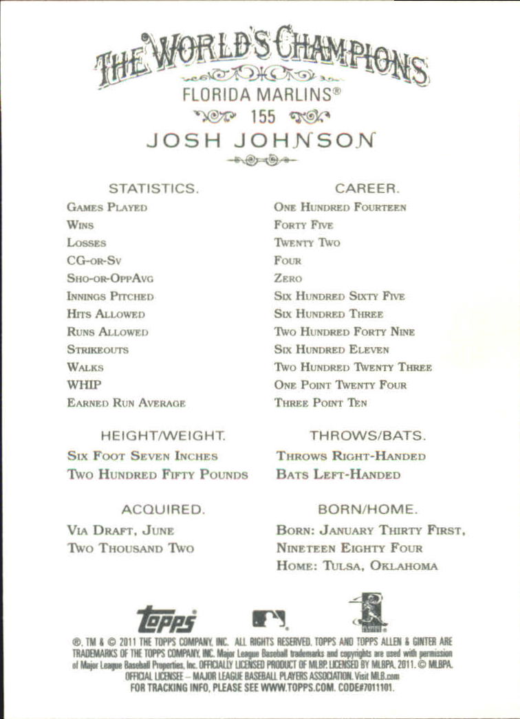 2011 Topps Allen and Ginter Code Cards #155 Josh Johnson back image
