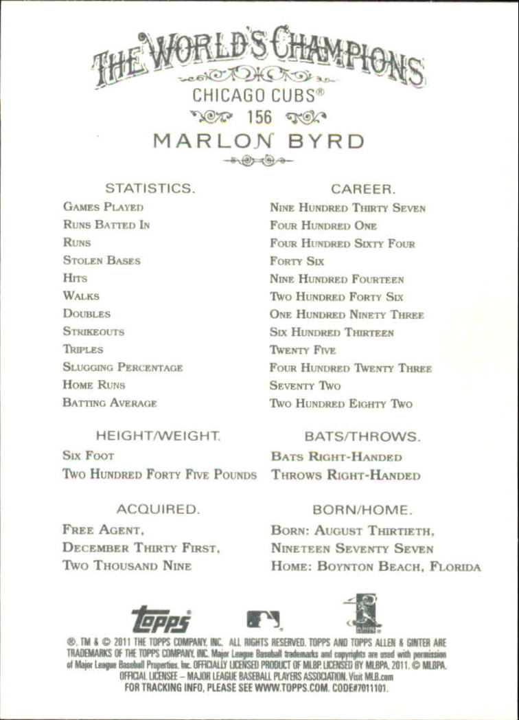 2011 Topps Allen and Ginter Code Cards #156 Marlon Byrd back image