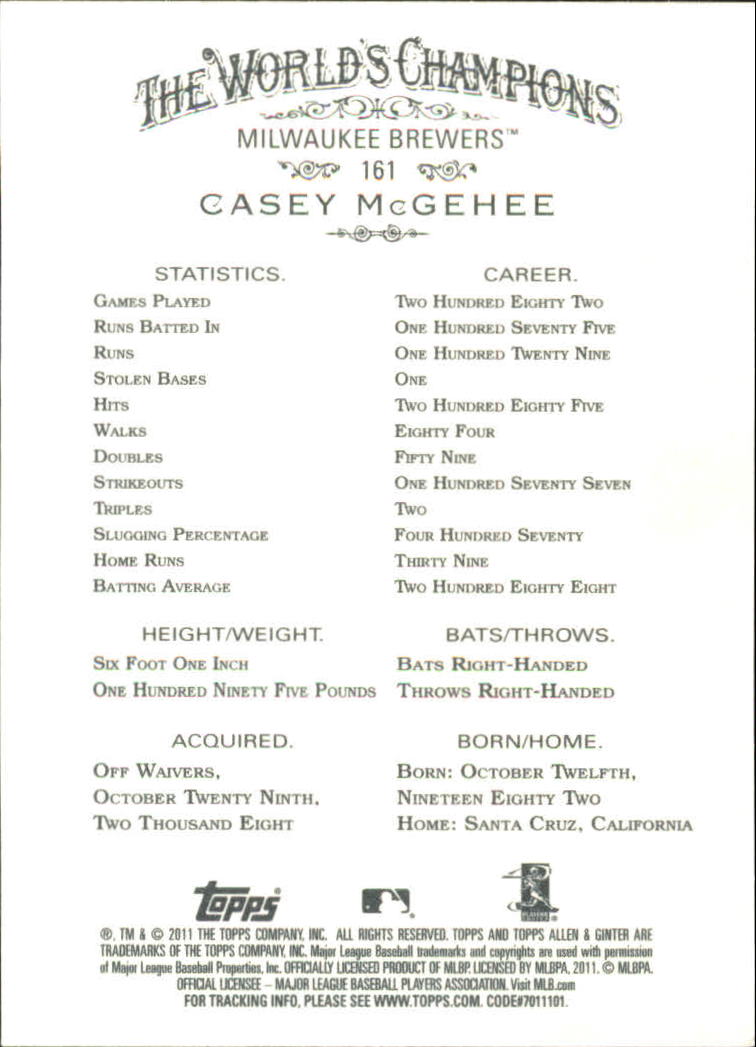 2011 Topps Allen and Ginter Code Cards #161 Casey McGehee back image