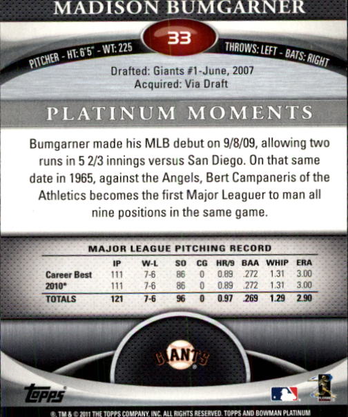 2011 Bowman Platinum #33 Madison Bumgarner back image
