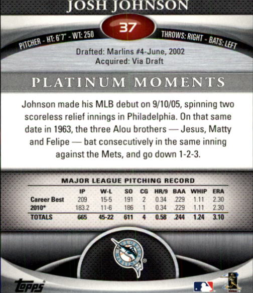 2011 Bowman Platinum #37 Josh Johnson back image