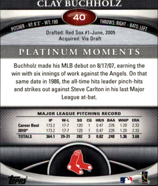 2011 Bowman Platinum #40 Clay Buchholz back image