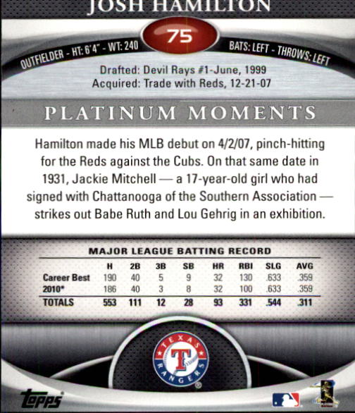 2011 Bowman Platinum #75 Josh Hamilton back image