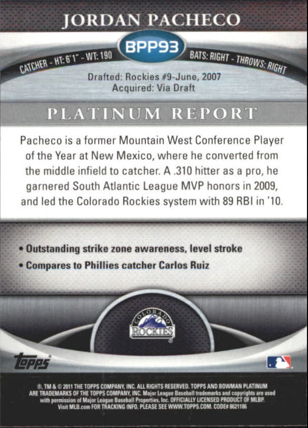 2011 Bowman Platinum Prospects #BPP93 Jordan Pacheco back image