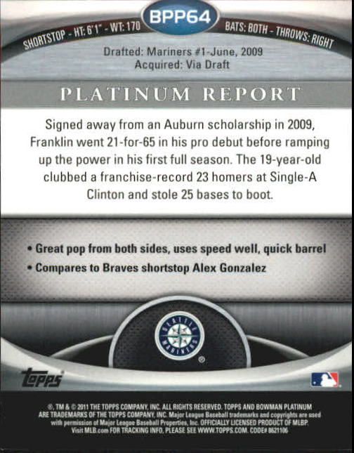 2011 Bowman Platinum Prospects Green Refractors #BPP64 Nick Franklin back image