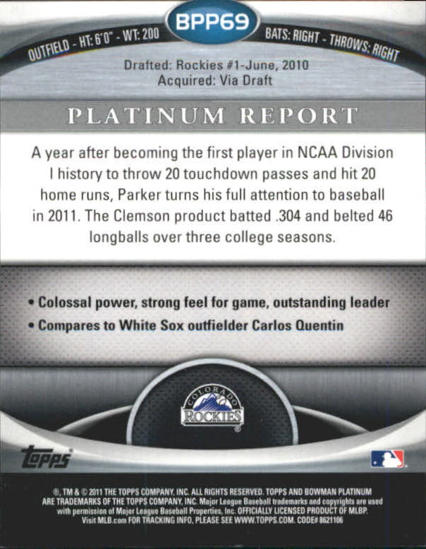 2011 Bowman Platinum Prospects Green Refractors #BPP69 Kyle Parker back image