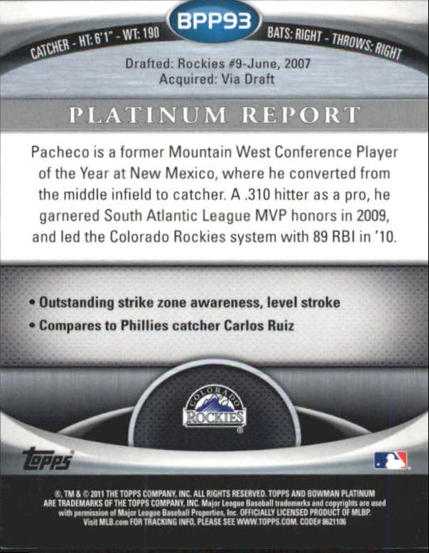 2011 Bowman Platinum Prospects Green Refractors #BPP93 Jordan Pacheco back image