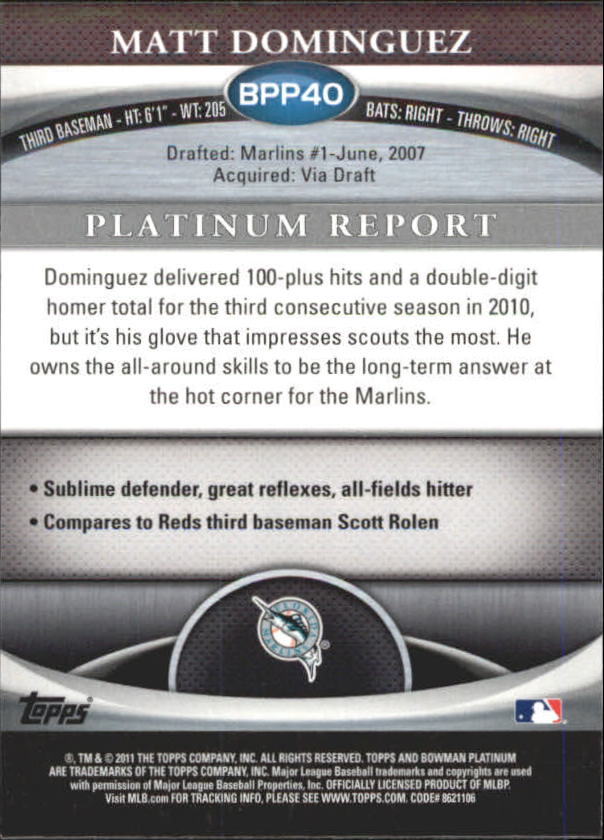 2011 Bowman Platinum Prospects X-Fractors #BPP40 Matt Dominguez back image