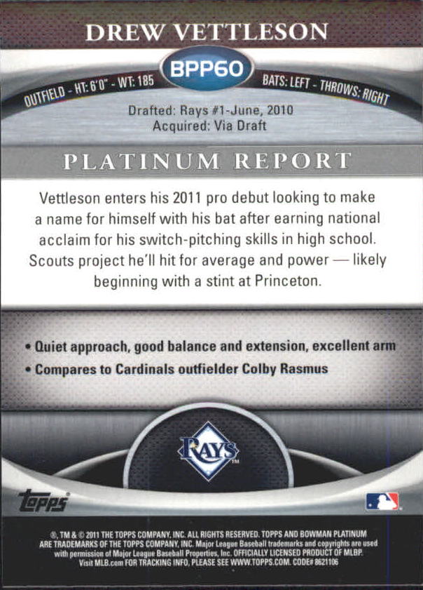 2011 Bowman Platinum Prospects X-Fractors #BPP60 Drew Vettleson back image