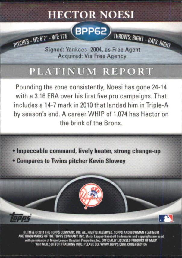 2011 Bowman Platinum Prospects X-Fractors #BPP62 Hector Noesi back image