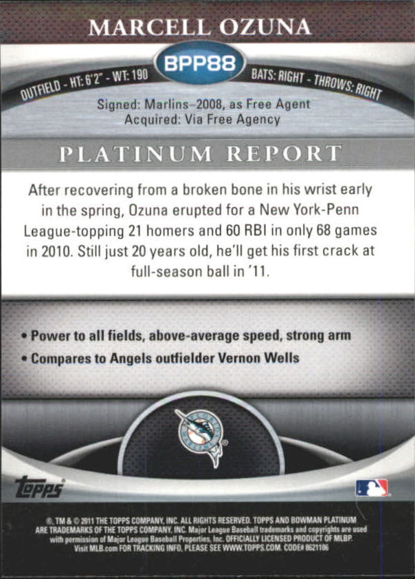 2011 Bowman Platinum Prospects X-Fractors #BPP88 Marcell Ozuna back image