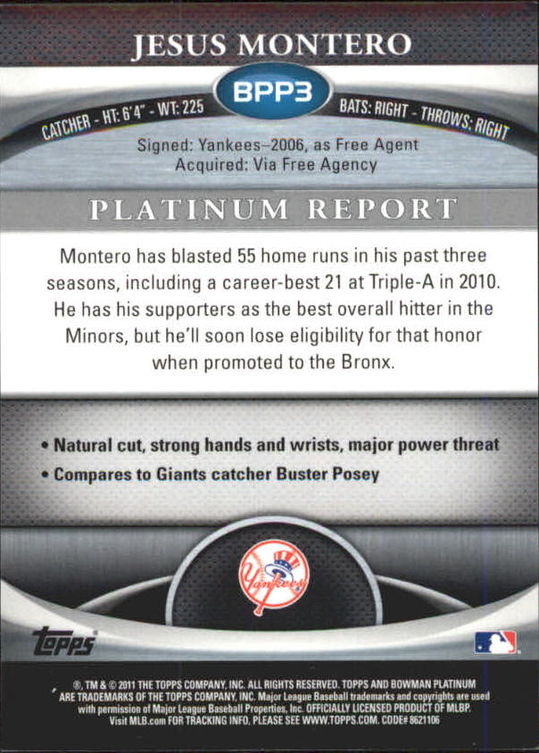 2011 Bowman Platinum Prospects Blue Refractors #BPP3 Jesus Montero back image