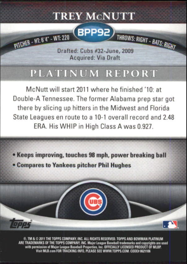 2011 Bowman Platinum Prospects Blue Refractors #BPP92 Trey McNutt back image