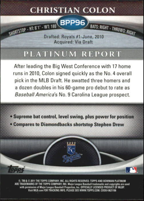 2011 Bowman Platinum Prospects Purple Refractors #BPP96 Christian Colon back image