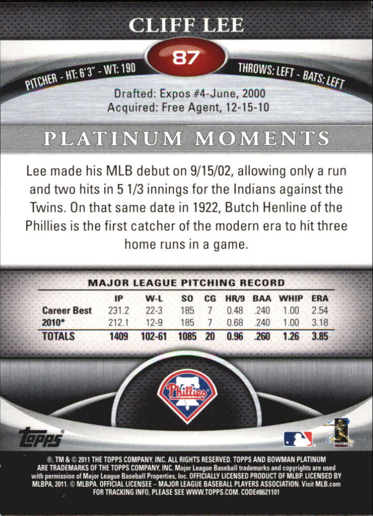 2011 Bowman Platinum Ruby #87 Cliff Lee back image