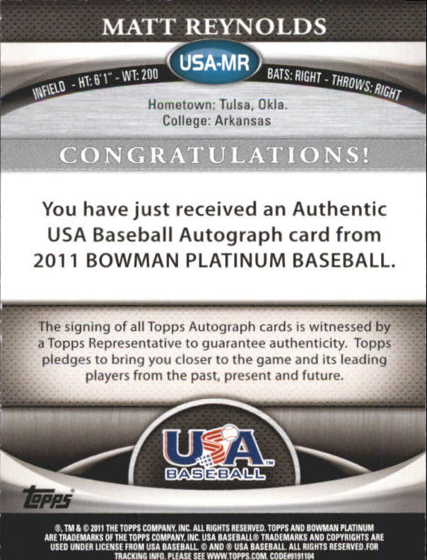 2011 Bowman Platinum Team USA National Team Autographs #MR Matt Reynolds back image