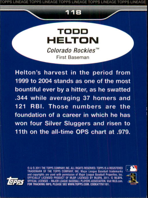 2011 Topps Lineage #118 Todd Helton back image