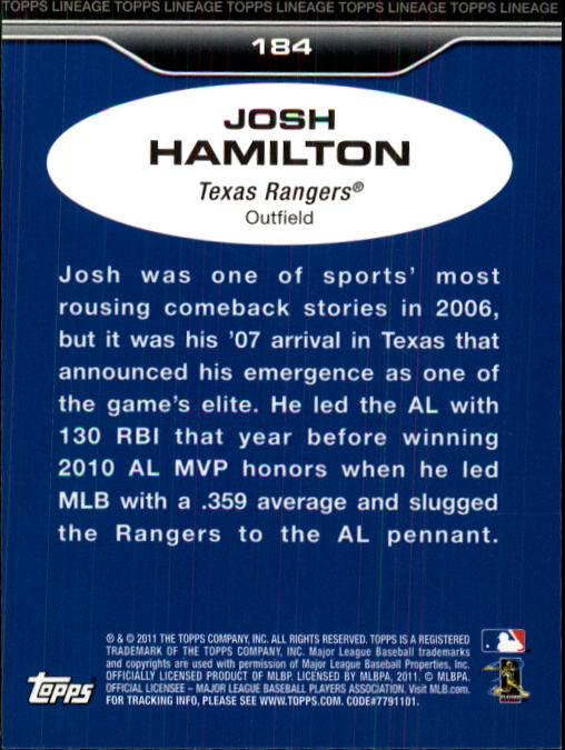 2011 Topps Lineage #184 Josh Hamilton back image