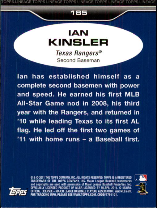 2011 Topps Lineage #185 Ian Kinsler back image
