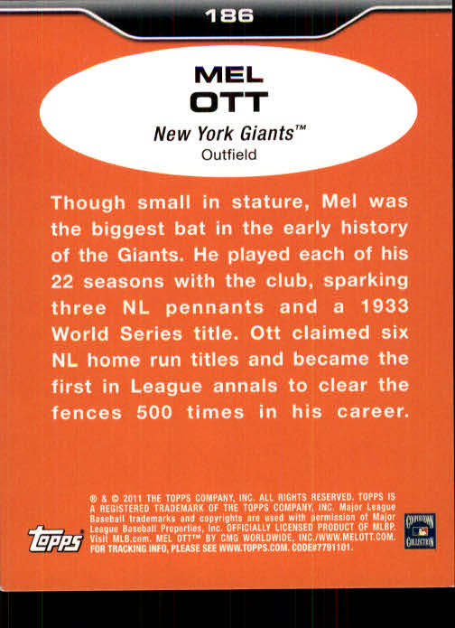 2011 Topps Lineage #186 Mel Ott back image
