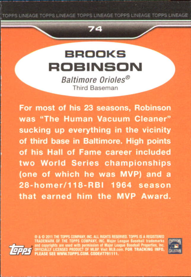 2011 Topps Lineage '75 Mini #74 Brooks Robinson back image