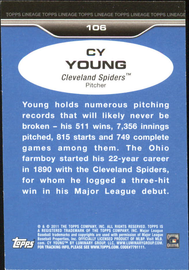 2011 Topps Lineage '75 Mini #106 Cy Young back image