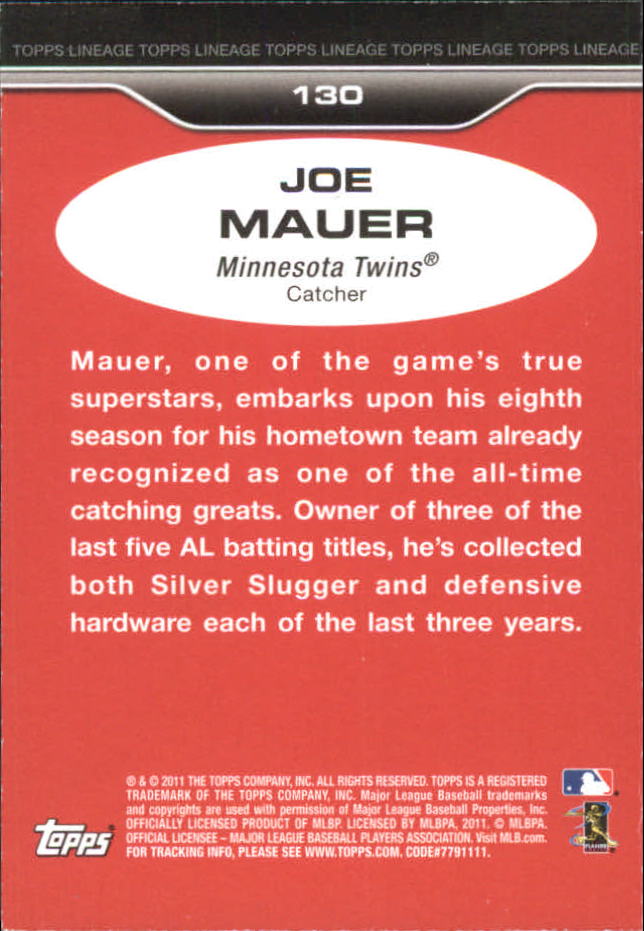 2011 Topps Lineage '75 Mini #130 Joe Mauer back image