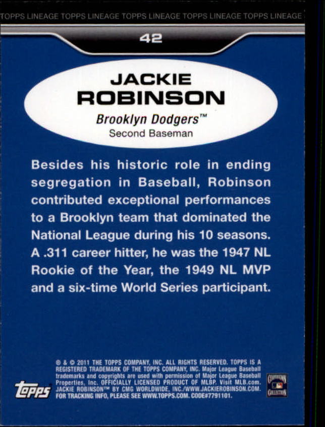2011 Topps Lineage Diamond Anniversary Platinum Refractors #42 Jackie Robinson back image
