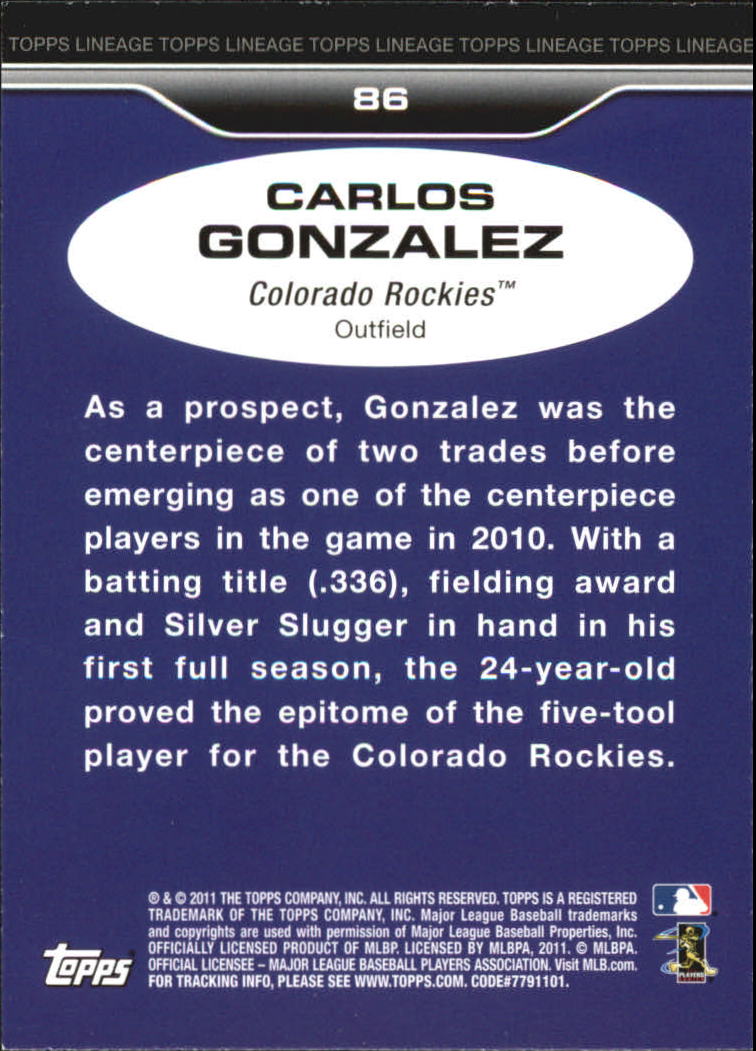 2011 Topps Lineage Diamond Anniversary Platinum Refractors #86 Carlos Gonzalez back image