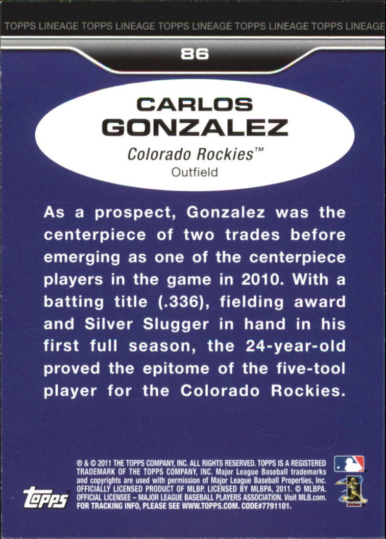 2011 Topps Lineage Diamond Anniversary Refractors #86 Carlos Gonzalez back image