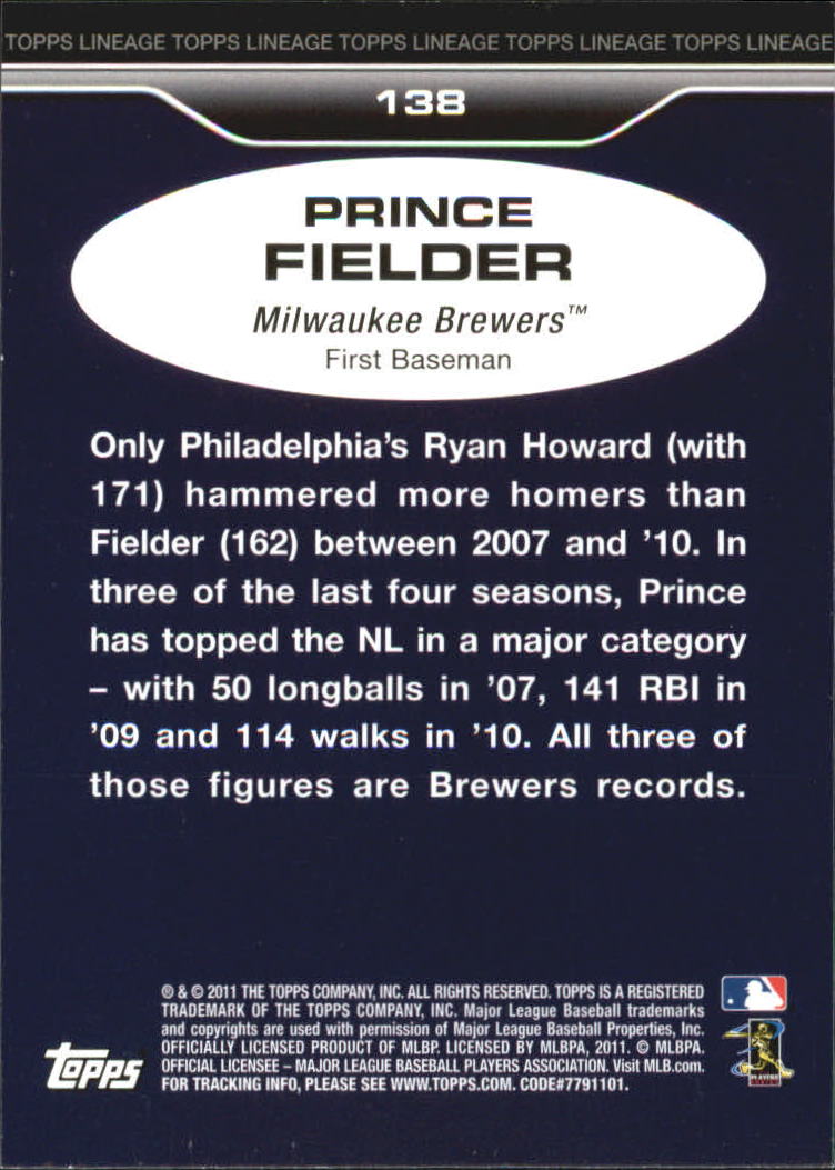 2011 Topps Lineage Diamond Anniversary Refractors #138 Prince Fielder back image