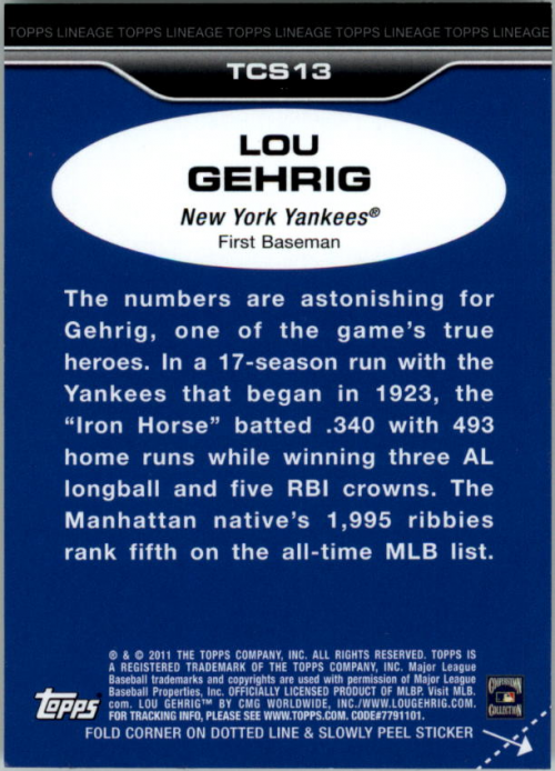 2011 Topps Lineage Cloth Stickers #TCS13 Lou Gehrig back image