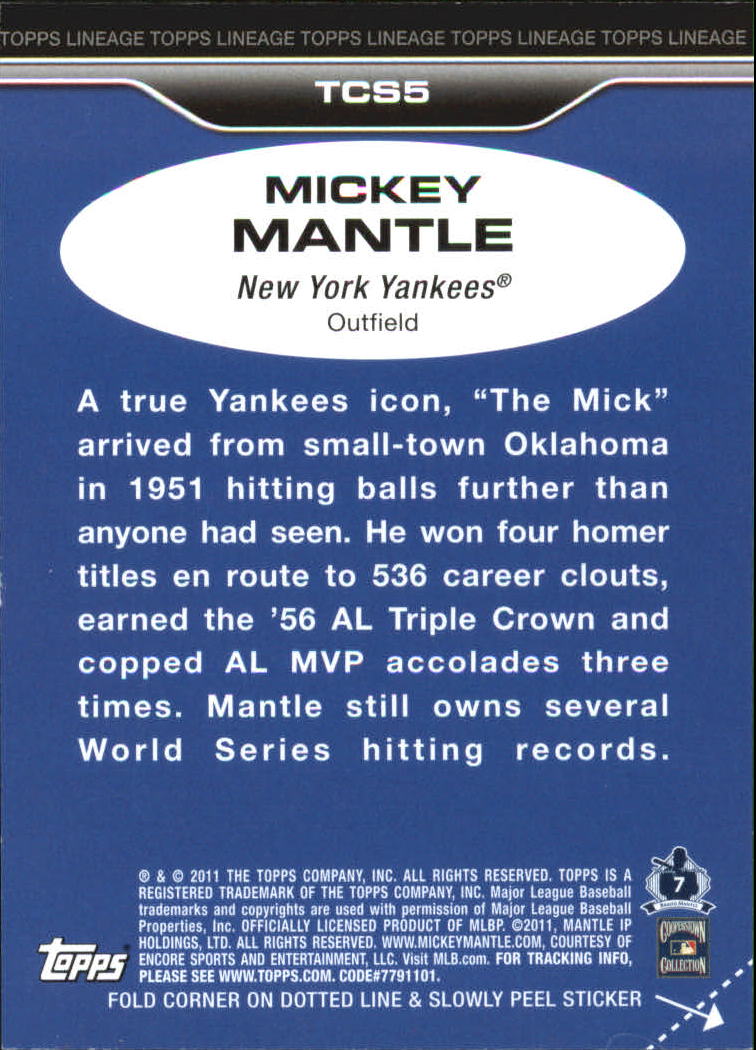 2011 Topps Lineage Cloth Stickers #TCS5 Mickey Mantle back image