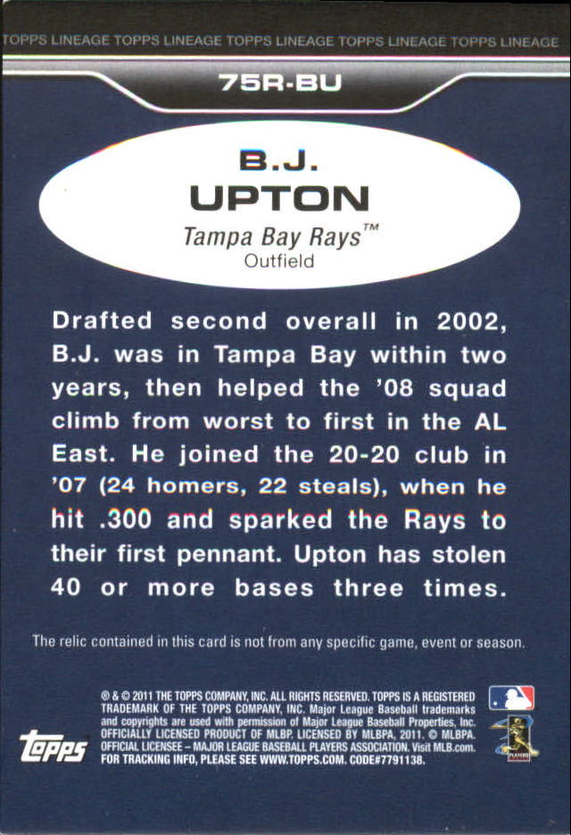 2011 Topps Lineage '75 Mini Relics #BU B.J. Upton back image