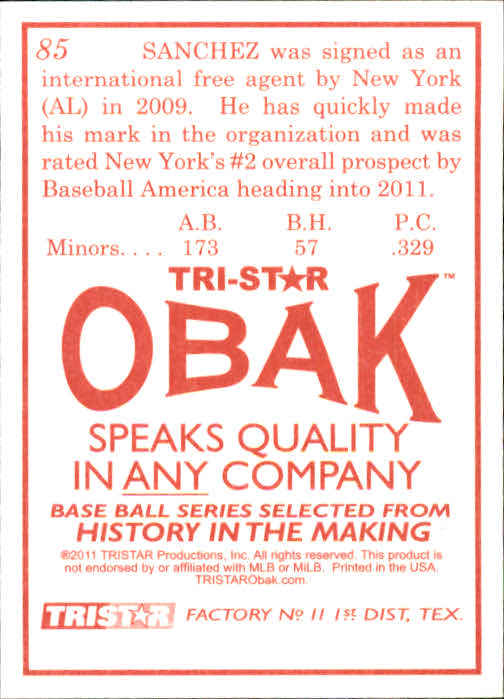 2011 TRISTAR Obak #85 Gary Sanchez back image