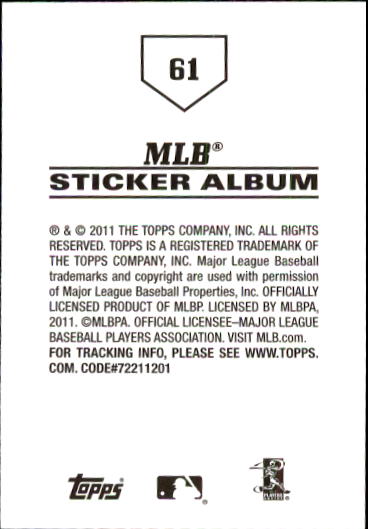 B1814- 2011 Topps Stickers Baseball Card #s 1-200 -You Pick- 15+ FREE US SHIP - Picture 121 of 397