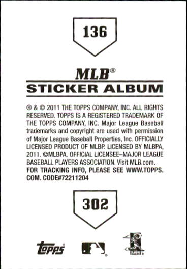 B1814- 2011 Topps Stickers Baseball Card #s 1-200 -You Pick- 15+ FREE US SHIP - Picture 271 of 397