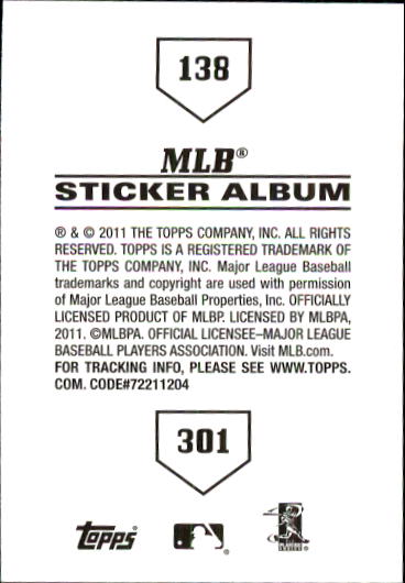 B1814- 2011 Topps Stickers Baseball Card #s 1-200 -You Pick- 15+ FREE US SHIP - Picture 275 of 397